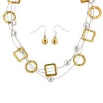 Open Circles & Squares Matte Two Tone Necklace & Earring Set