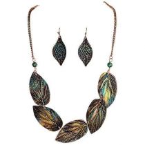 Patina Fire Realistic Leaves Necklace Set By Rain Jewelry
