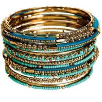 Gold & Turquoise 16 Row Bead Bangle By Rain Jewelry