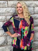 Navy Bright Abstract Print 2 Pocket Swing Top By Caribe