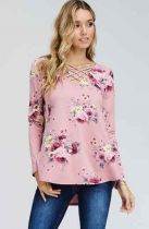 Dusty Pink Floral Cross Cross V-Neck Top