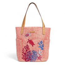 North South Straw Beach Tote In Scarlet Coral